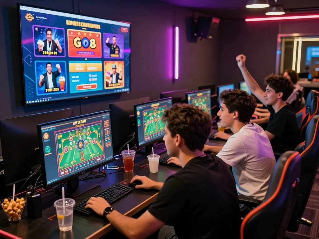 Exciting friends enjoying GO8's online gambling at https://go8.center/ in a vibrant gaming room.