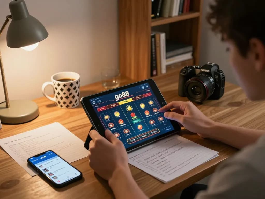 Person using go88 app on a tablet during an intense online gaming session at home.