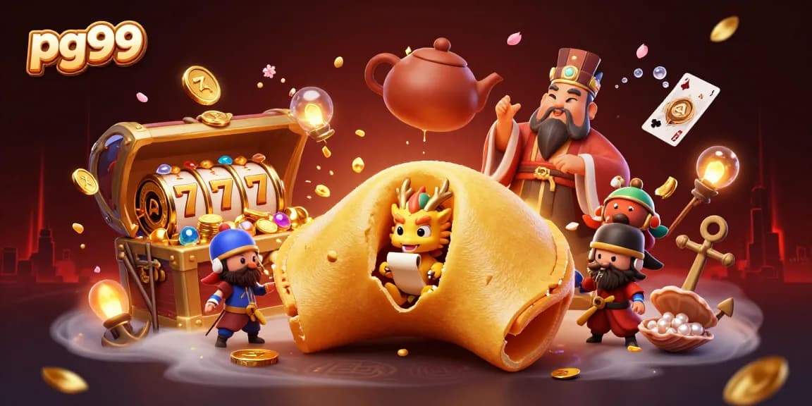 Spin to win at pg99 with a vibrant 3D scene featuring a golden fortune cookie and treasure elements.