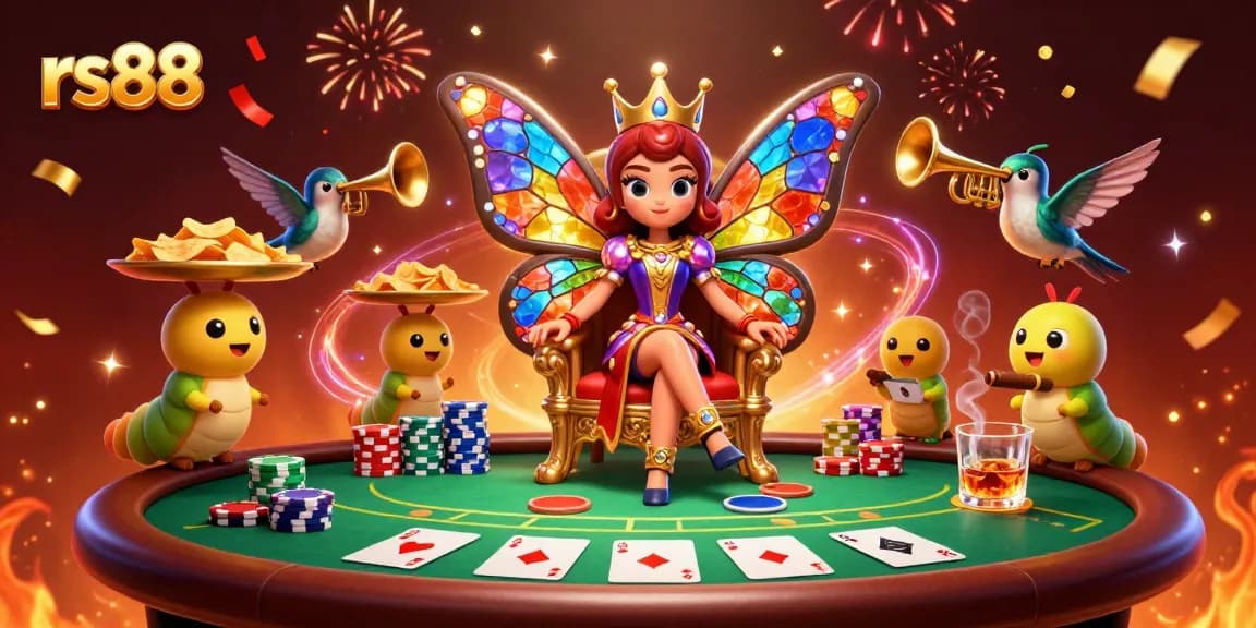 Engaging scene with rs88 gaming elements, featuring a vibrant butterfly queen at a dynamic poker table.