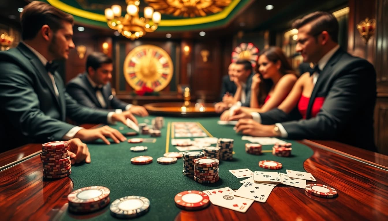 Players enjoying poker at 88aa's luxurious casino table with vibrant chips and cards.