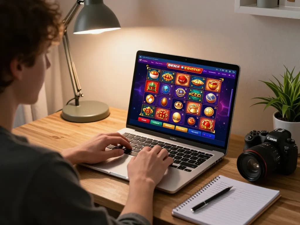 Player using Ricbet online casino interface with strategic notes in a cozy home setting