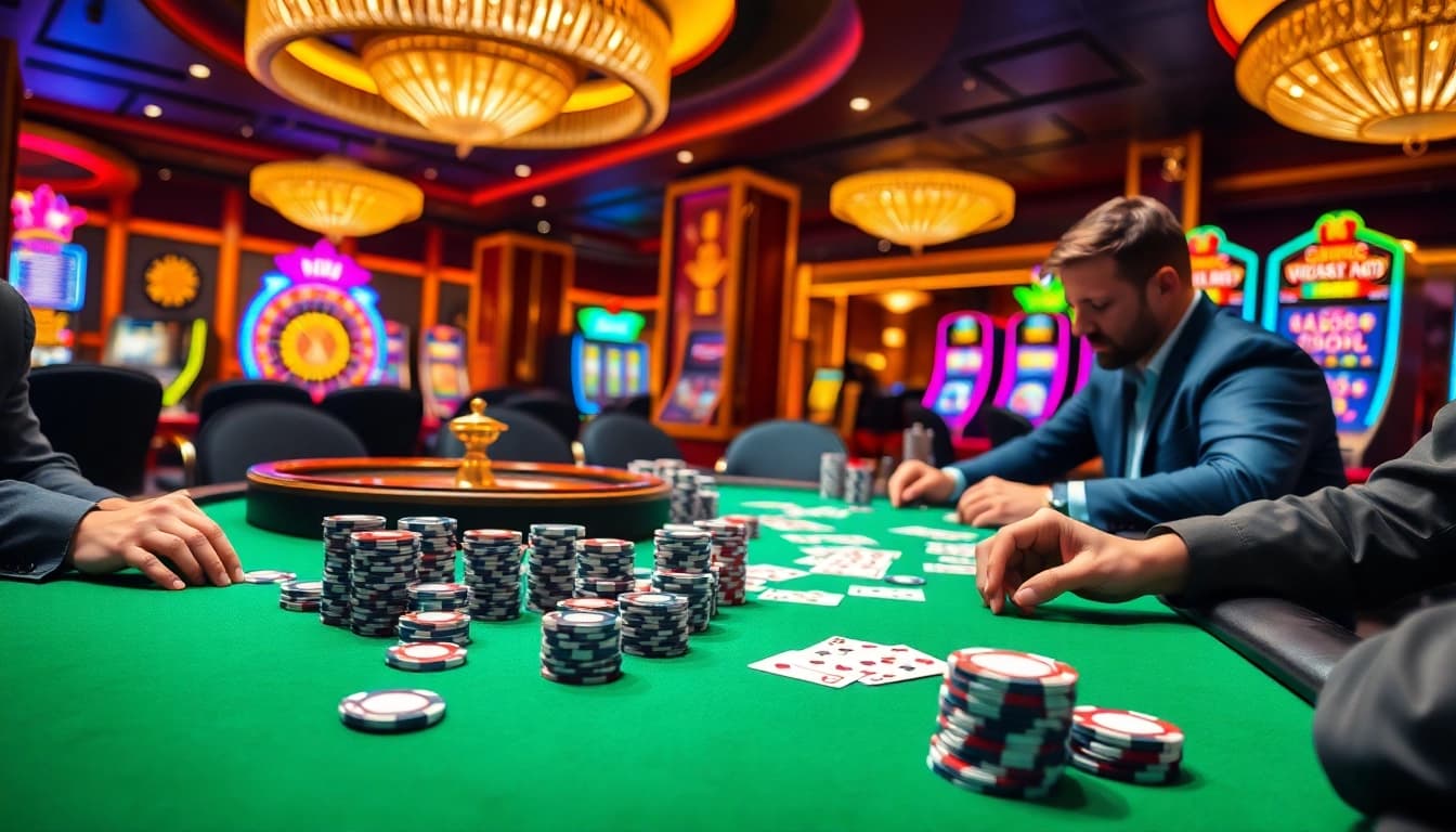 KJC poker game in a luxurious casino setting with vibrant colors and professional atmosphere.