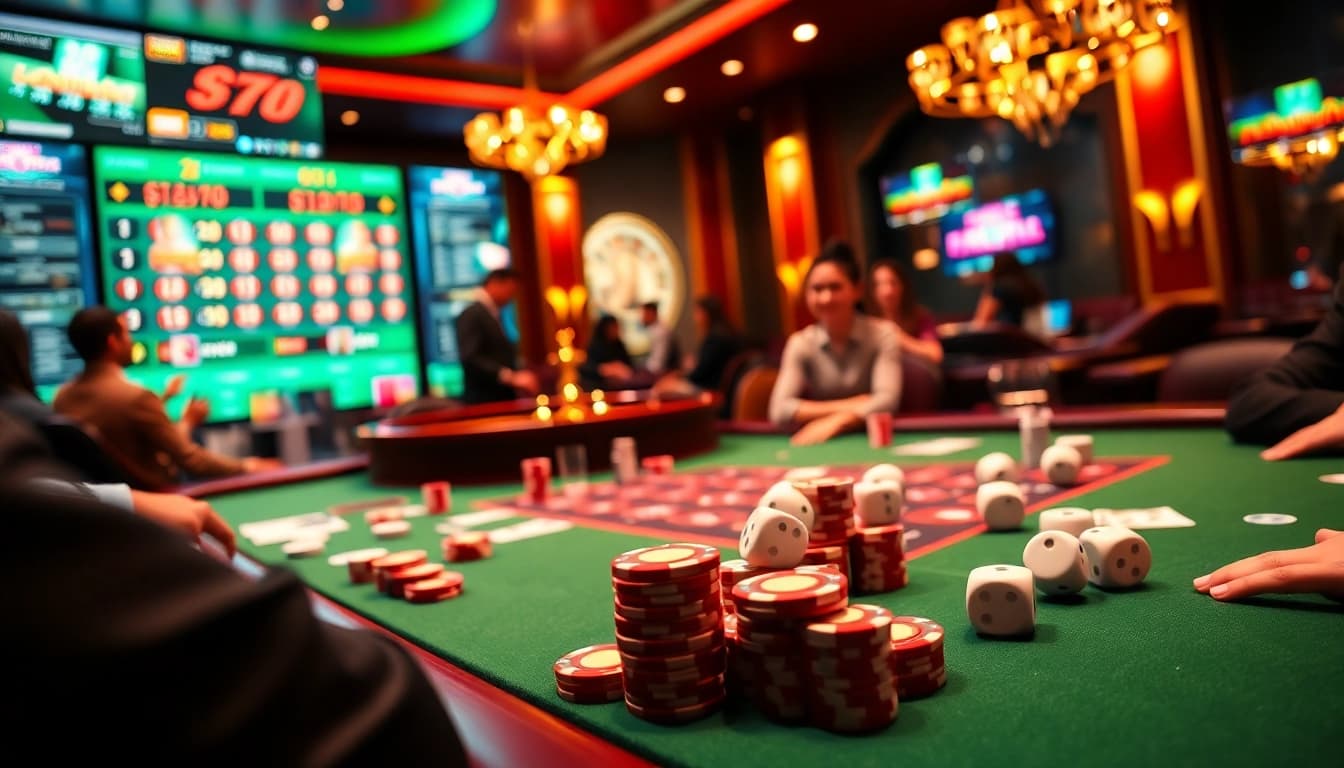 Players enjoying intense poker action at a luxurious table, emphasizing tylenhacai7.com and the excitement of gambling.
