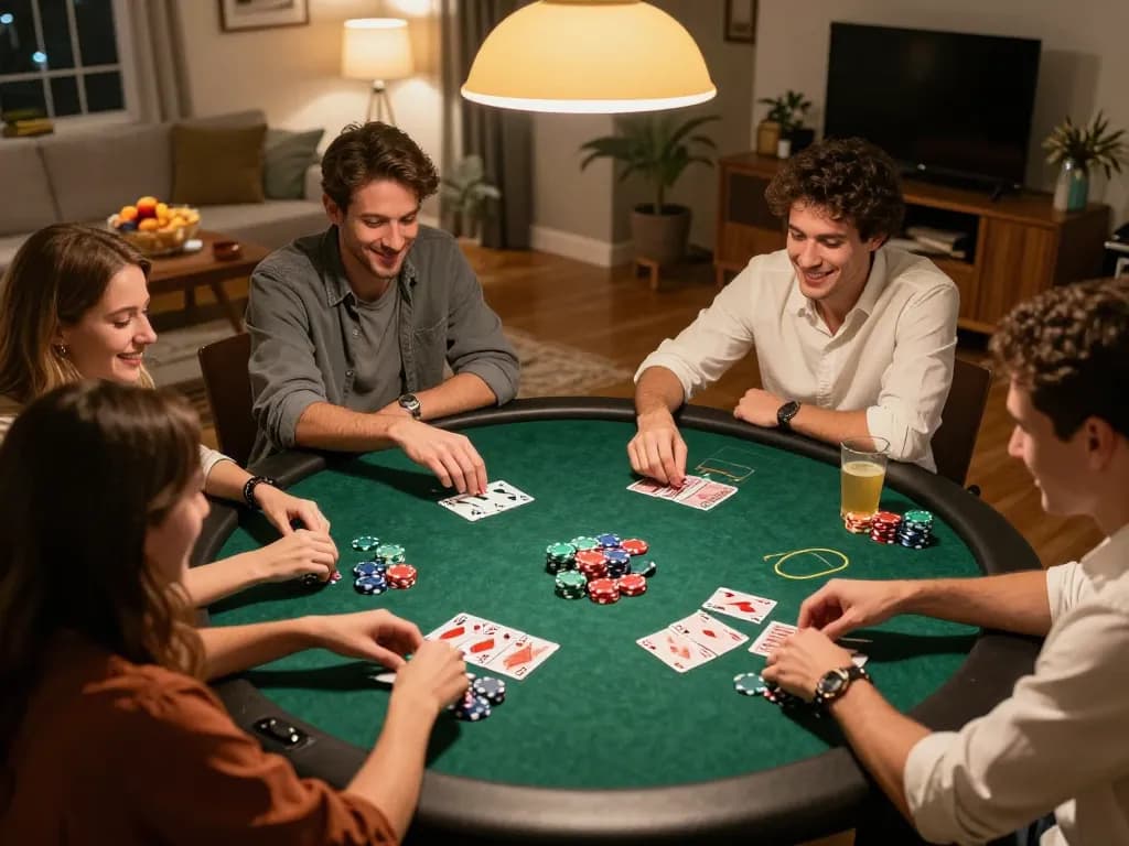 Friends enjoying a home poker night, strategizing their plays with keo nha cai chips and cards visible.