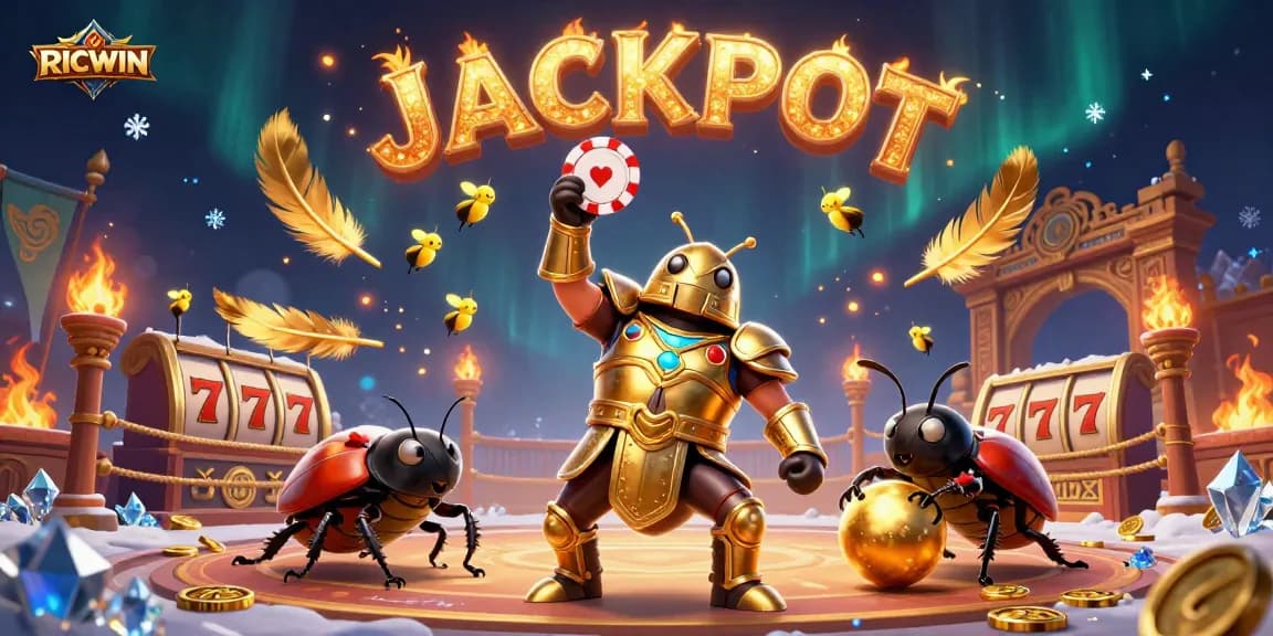 Engage in thrilling RICWIN casino adventures with a cartoon hercules beetle in a dynamic gambling scene.