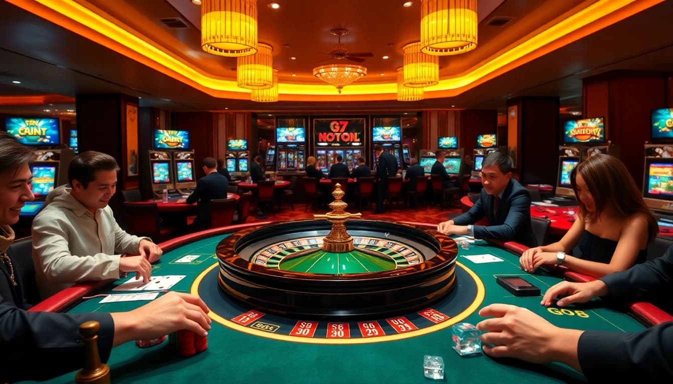 Players engaging with GO8-themed roulette and poker tables in an upscale casino.