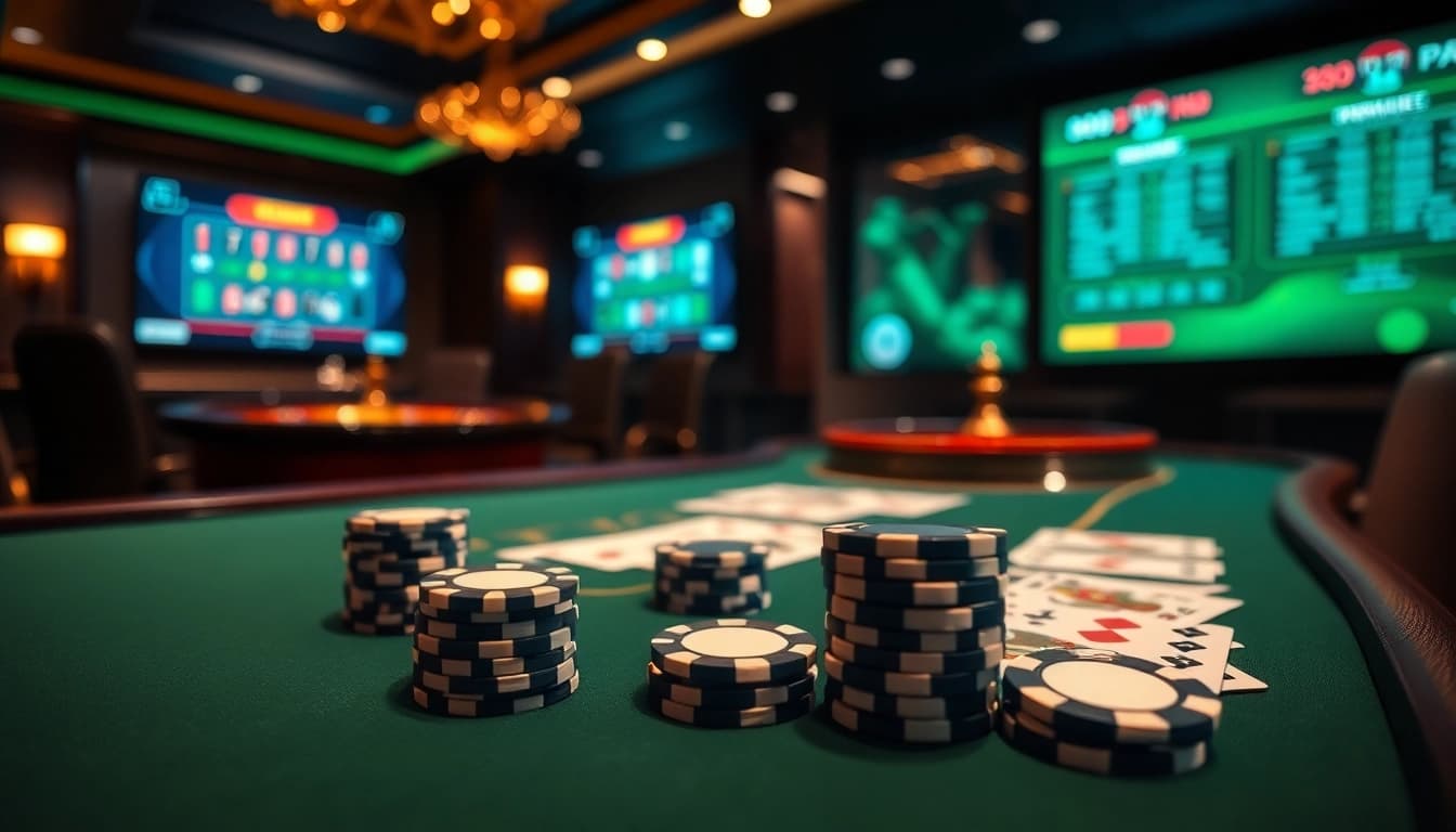 Experience the excitement of 888vnd at an elegant casino table filled with chips and cards.