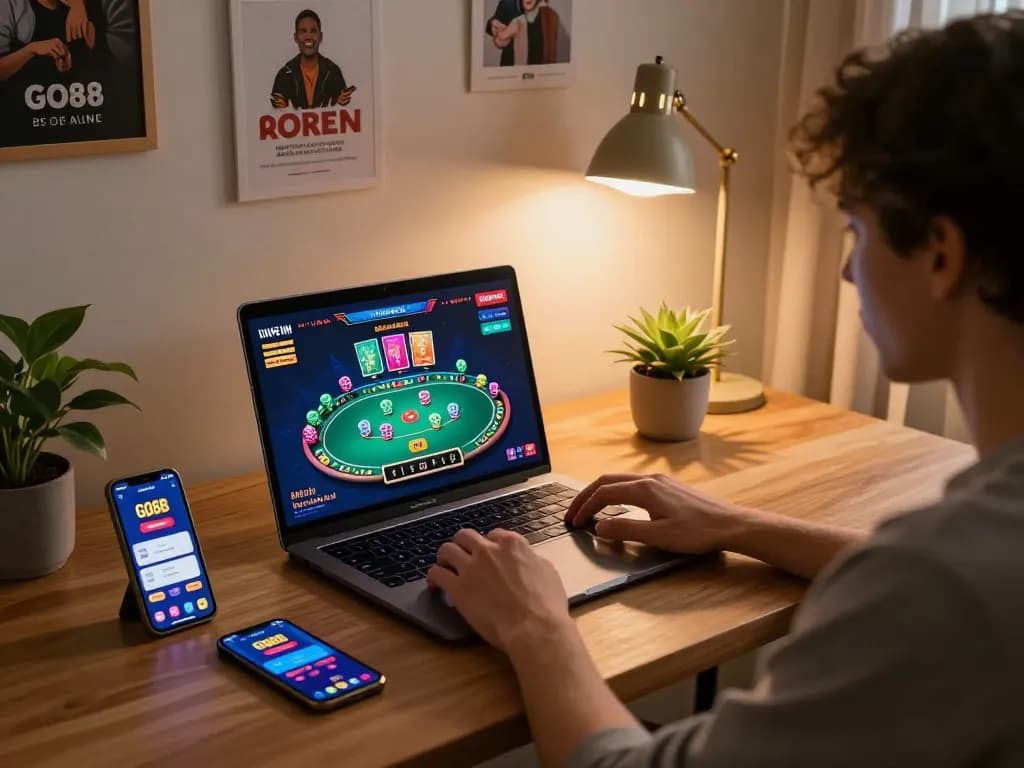 Engaged user playing GO88 online casino game on laptop with vibrant graphics in inviting home setup.