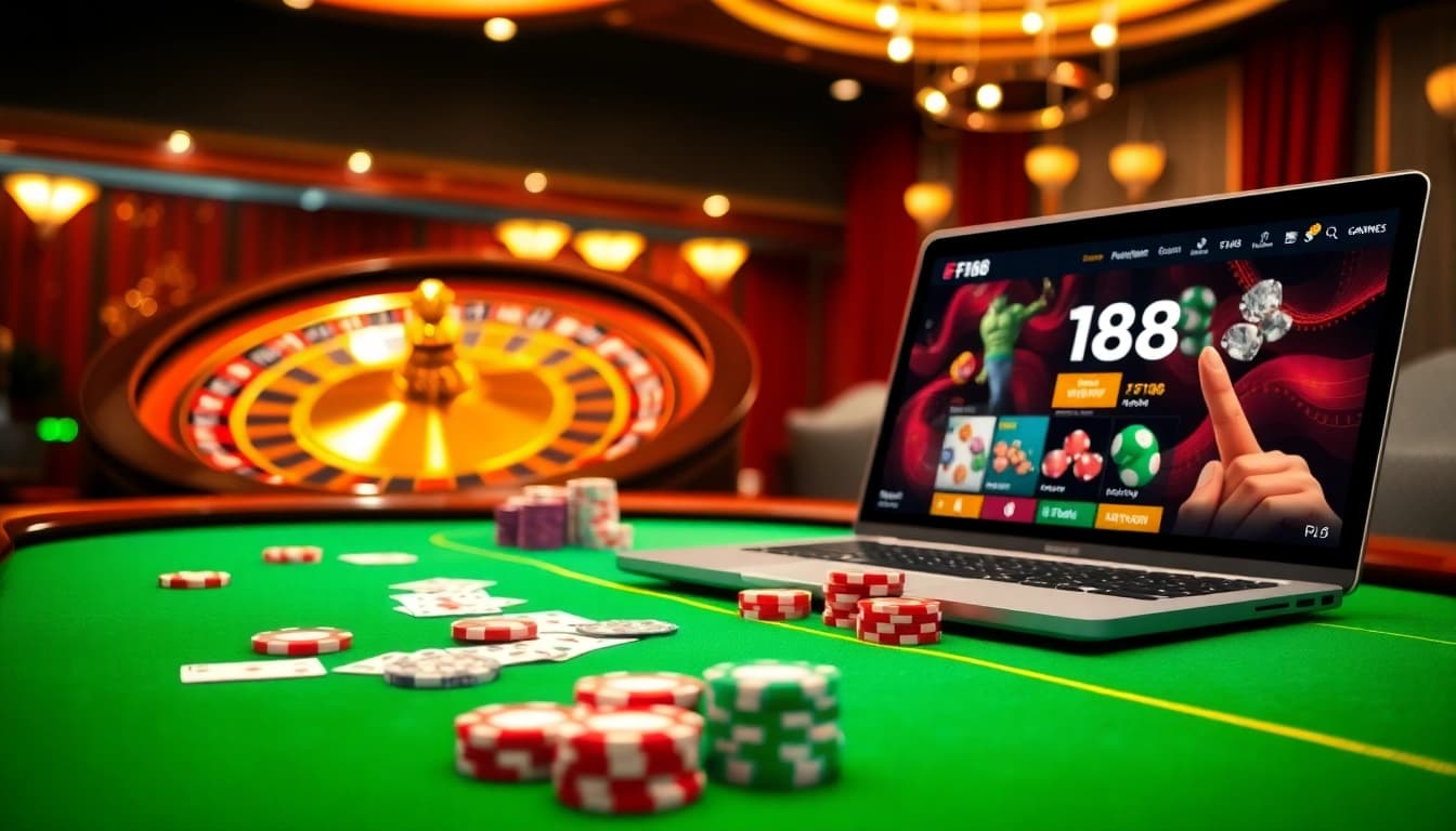 F168 players enjoying an exciting poker game at a luxurious casino table with vibrant chips and cards.