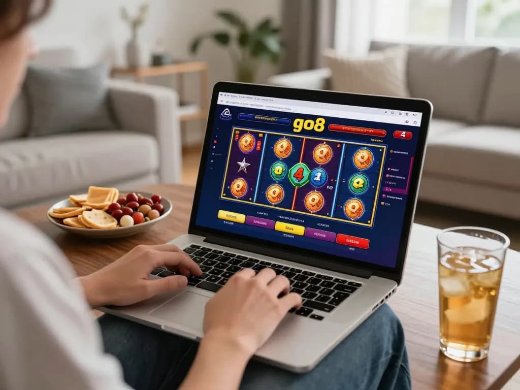 Player enjoying go8 online casino slots on laptop in a cozy living room setup