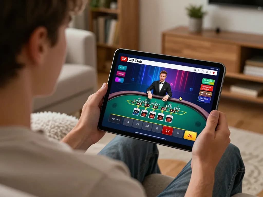 A gamer enjoying an immersive live dealer blackjack experience at 789club on a tablet, showing excitement and engagement.
