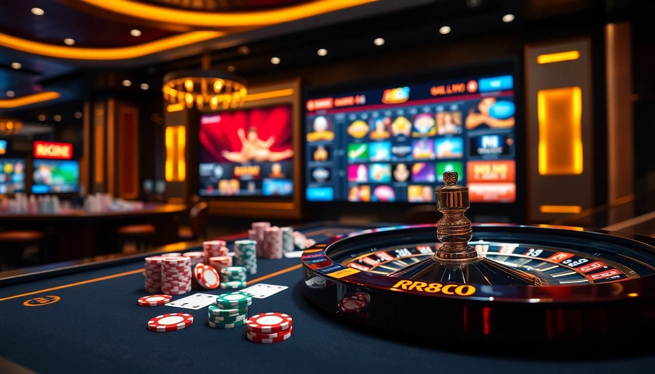 RR88 gaming table featuring vibrant poker chips and cards for an exciting gambling experience.