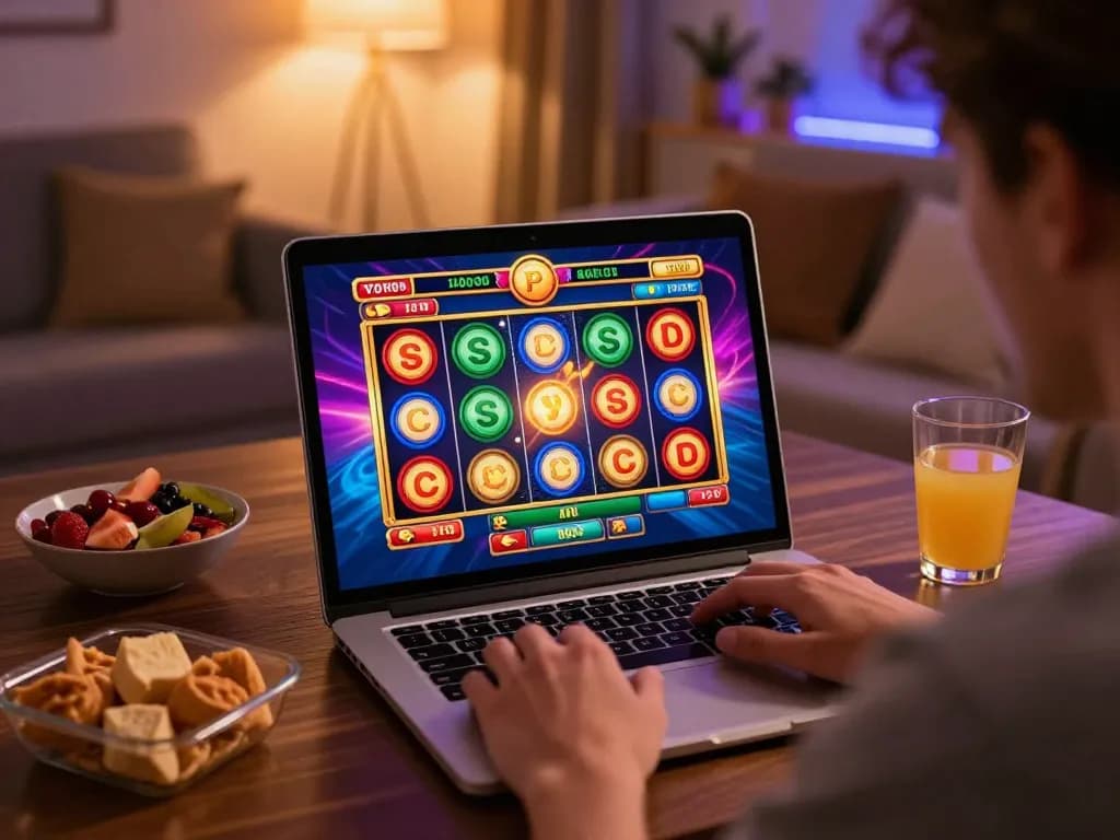 Player immersed in Bay789 online slots game at home, highlighting engaging gaming experience.