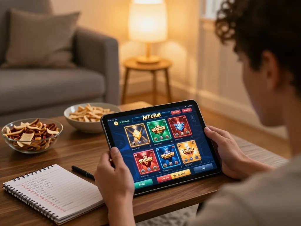 Engaged user playing hitclub online casino on a tablet, showcasing games in a cozy setting.