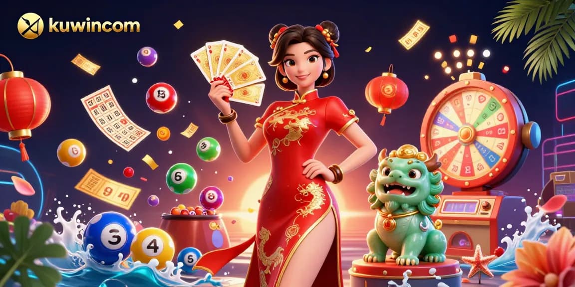 Kuwincom presents an exciting 3D illustration showcasing casino fun with a dynamic female character, jade lion, and vibrant lottery elements.