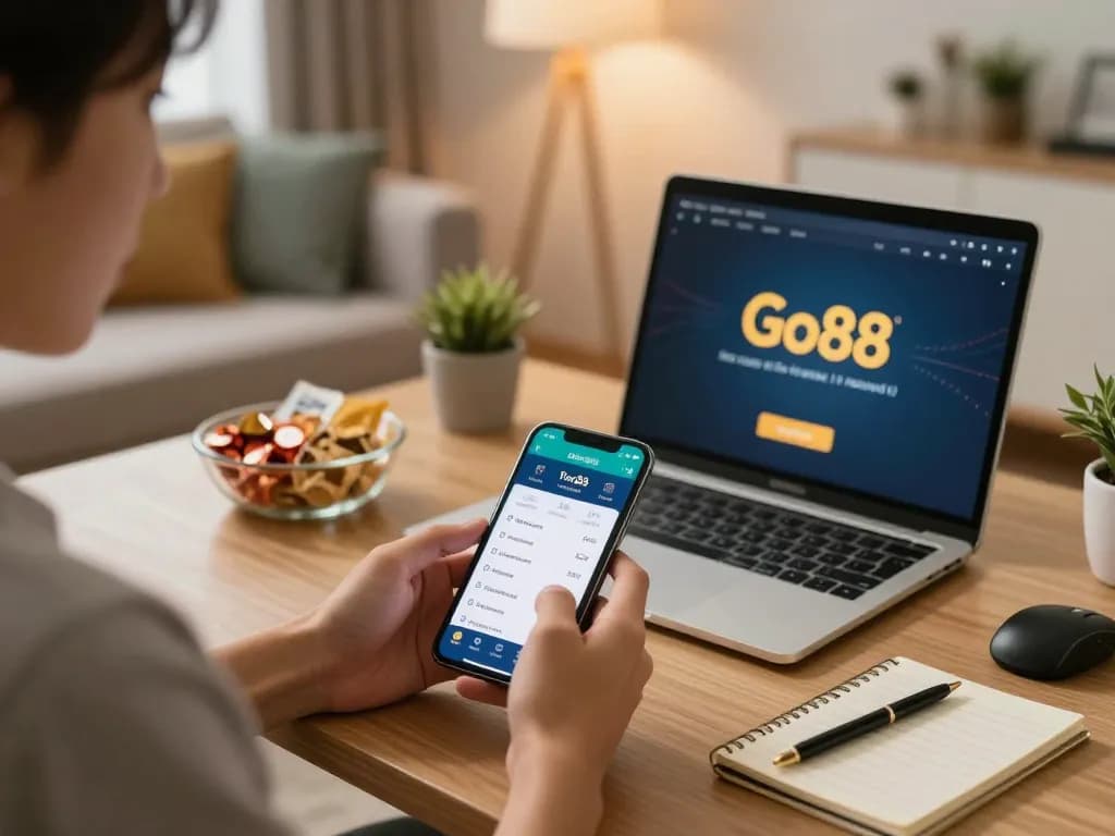 Engaging with the trang chủ Go88 app on a smartphone in a cozy home gaming setup