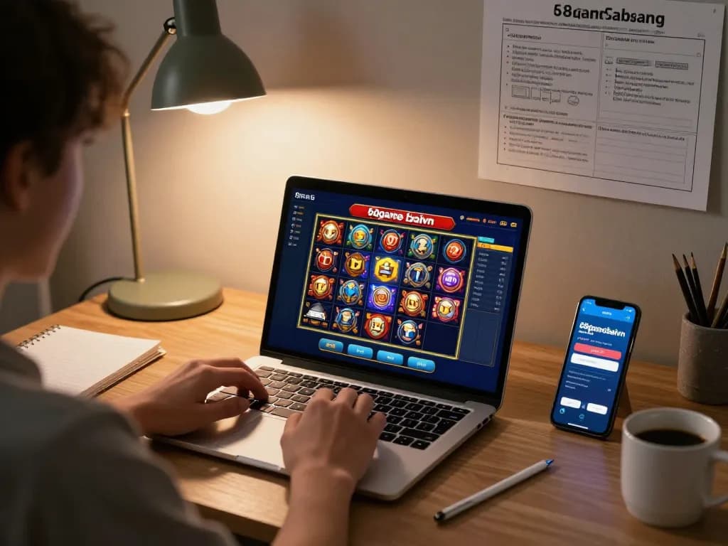 Engaging in online slot gaming on 68gamebaivn platform with strategic notes in cozy home setting