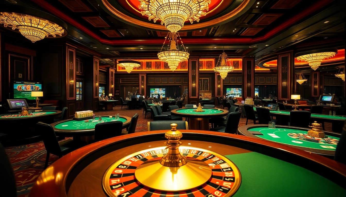 newphim: High-stakes casino action with players at poker and roulette tables, exuding excitement and strategy.