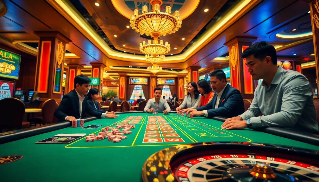 Experience the thrill of Kèo Chẵn Lẻ AU88 in a lavish casino setting with vibrant colors and high-stakes action.