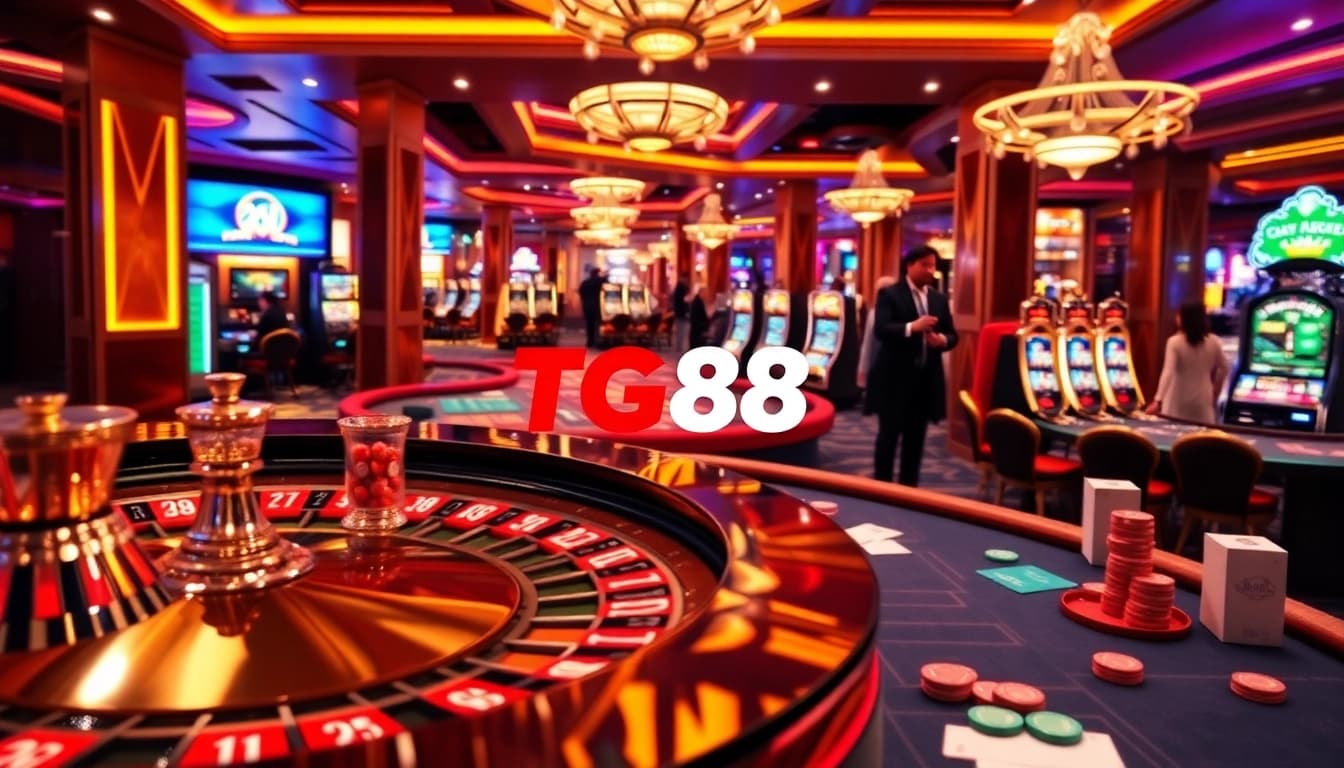 Experience excitement at https://jtg88.com/ with a vibrant casino scene showcasing poker chips and roulette.