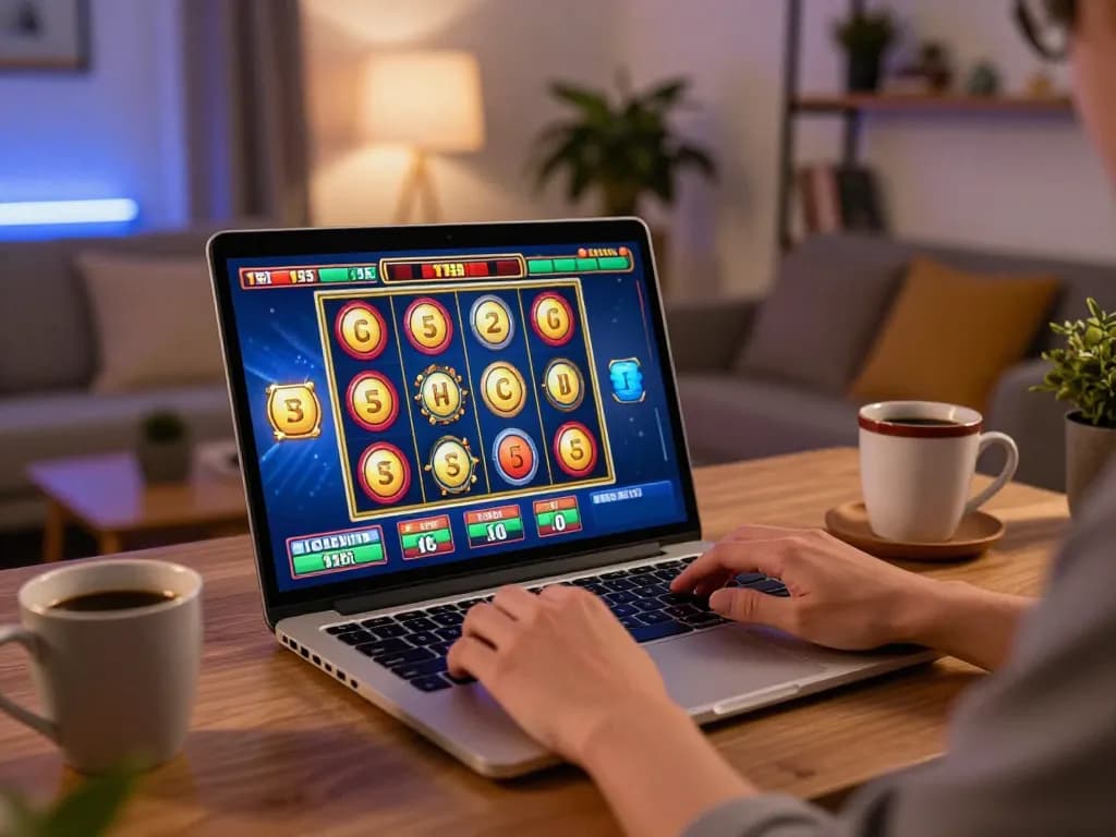 Nk88 player engaging with vibrant online slots at home, showcasing dynamic gaming experience and cozy setting.