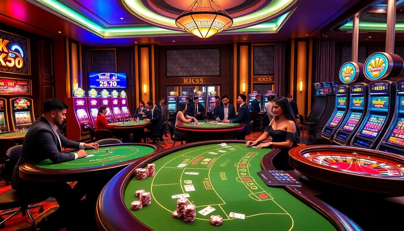 KK55 engaging players at luxurious casino tables, celebrating winning moments with vivid poker chips.