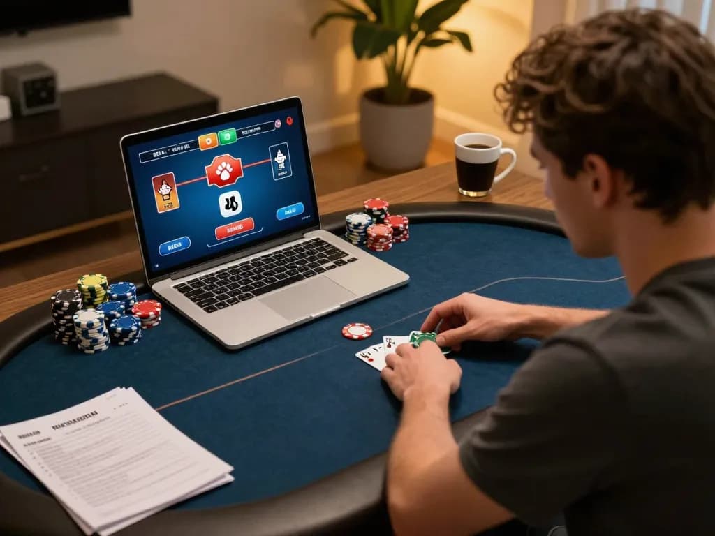 MM88 player engaged in intense online poker gameplay, chips and strategy notes on the table.