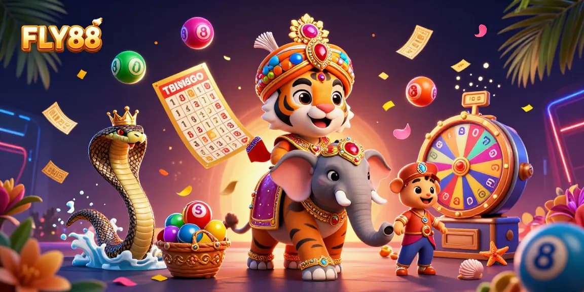 Experience the excitement of FLY88 with vibrant elements from lottery and casino games in this rich illustration.