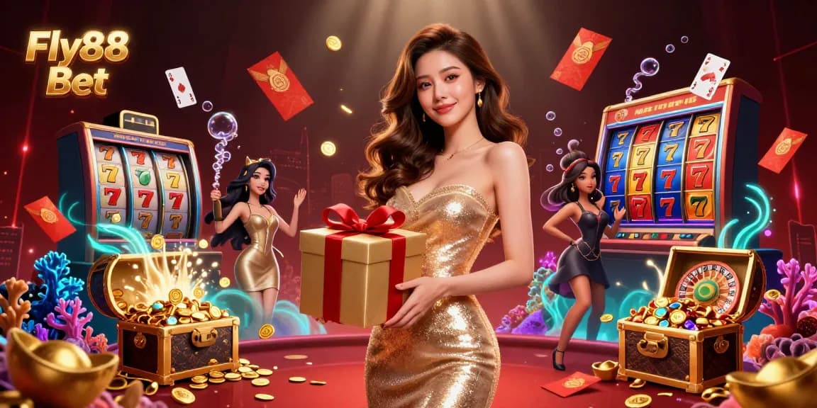 Spin and win with Fly88 Bet at an exciting online casino featuring vibrant characters and festive elements.