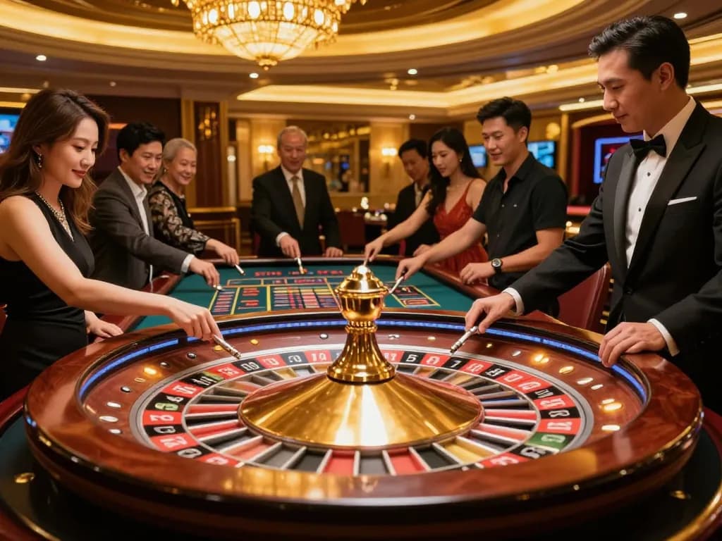 Experience the excitement of playing roulette at 33win, with croupiers spinning and players placing bets.