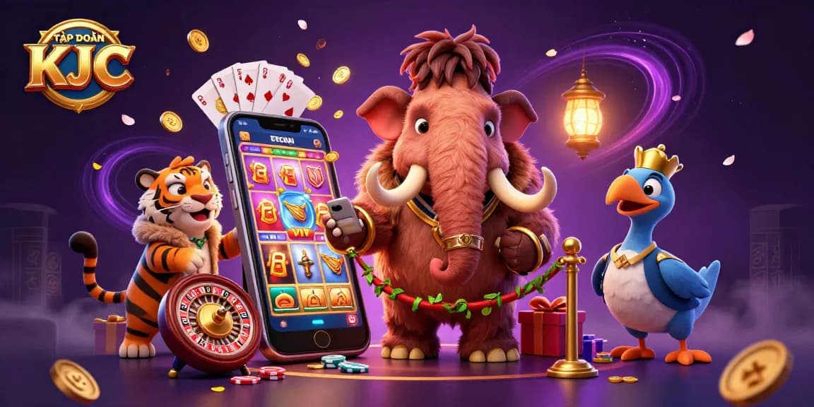 TẬP ĐOÀN KJC welcomes players with a vibrant casino illustration, showcasing interactive gaming elements and fun characters.