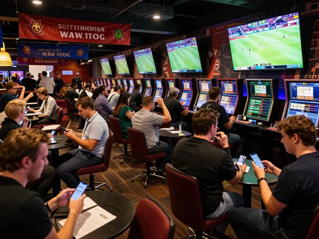 Excited gamblers experiencing the thrill of sports betting at 88club venue with large screens showing live events.