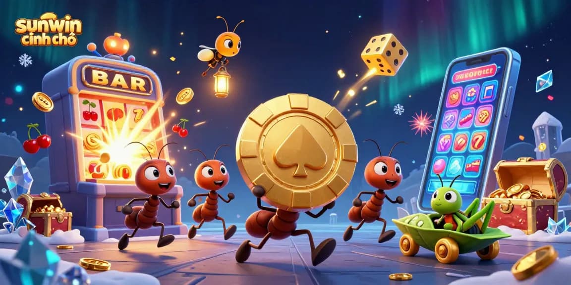 sunwin chính chủ showcases ants on a heist with a golden chip amidst a colorful casino explosion.