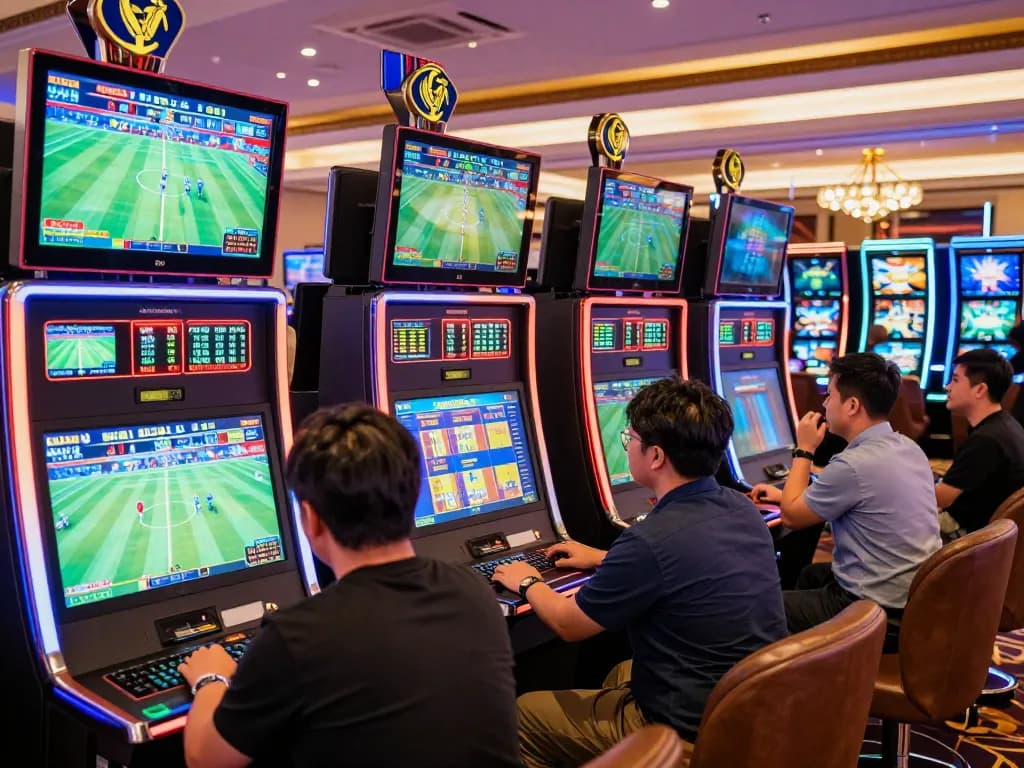 Exciting kèo nhà cái sports betting scene with enthusiastic bettors engaging at high-tech betting screens.