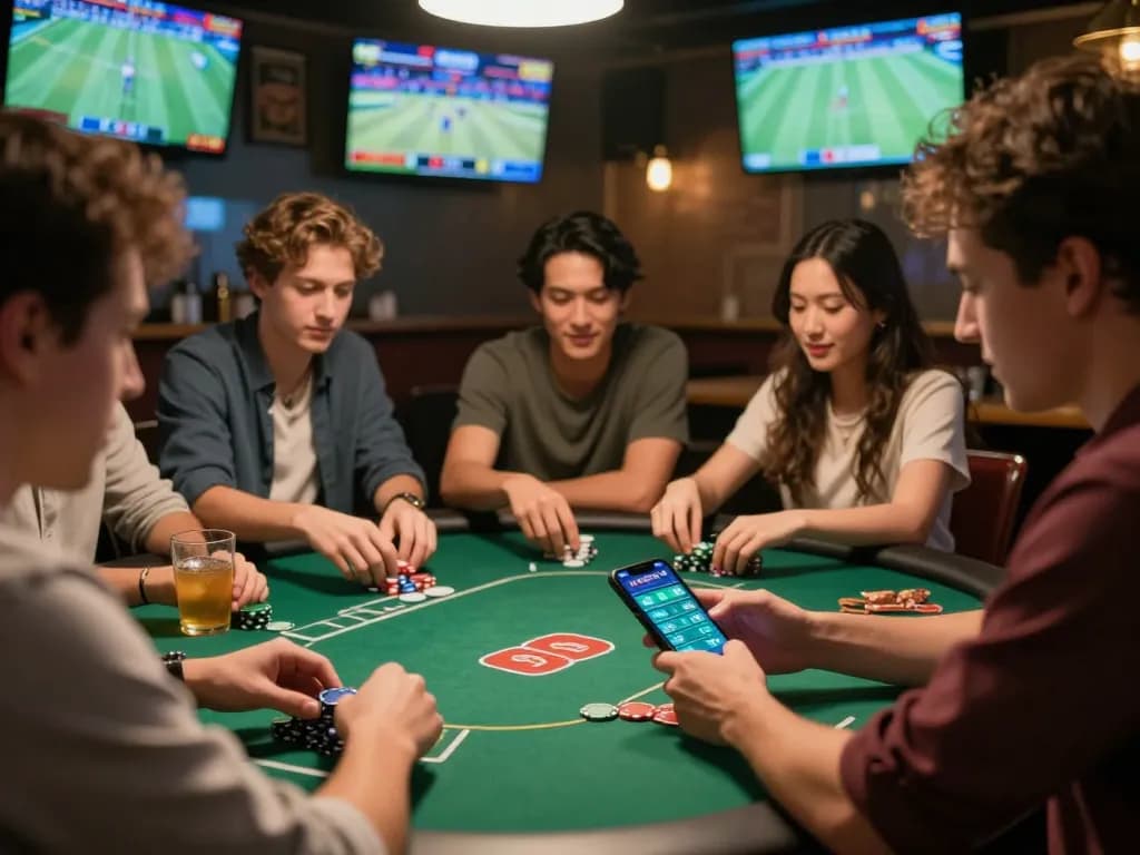 Excited sports bettor reviewing keo nha cai odds on smartphone amidst friends at a lively bar.