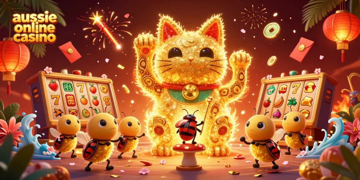 Engage with the vibrant aussie online casino scene featuring a lucky cat and golden fireflies.