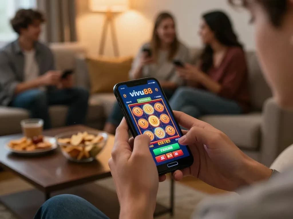 Tải app Vivu88 for mobile gaming, person enjoying slots on smartphone in cozy living room.