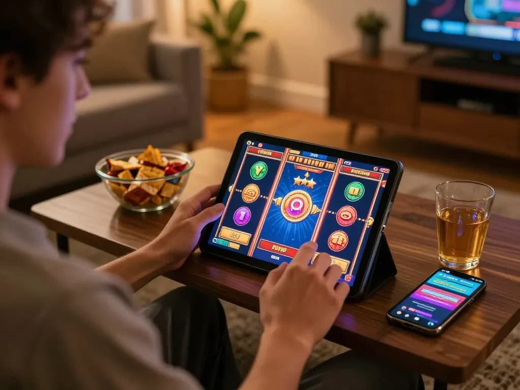 Engaging in online slots at home with FC88 on tablet, showcasing modern gambling enjoyment.