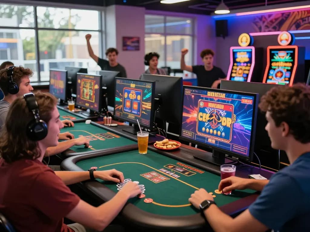 Friends enjoying rikvip online games at home in a lively casino atmosphere.