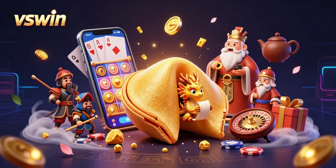 Experience vibrant slot gameplay at vswin with a dynamic 3D illustration featuring a unique fortune cookie character.