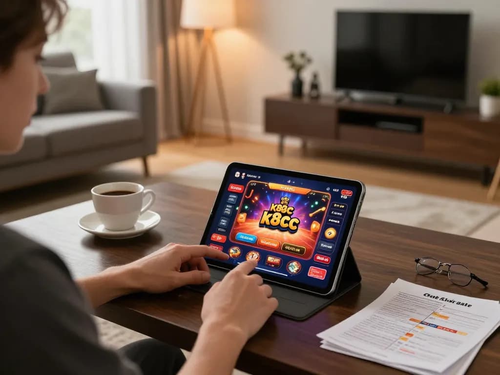 Engaging in online gaming with k8cc app on tablet, emphasizing focused gameplay and strategy