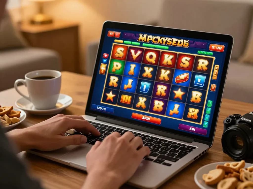 Player engaging with 789BET online slots on a laptop, showcasing vibrant game interface and cozy home setting.