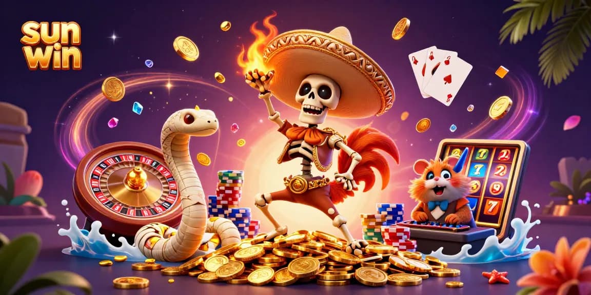 Experience the thrill of winning at sun win with vibrant cartoon characters dancing atop a pile of coins.