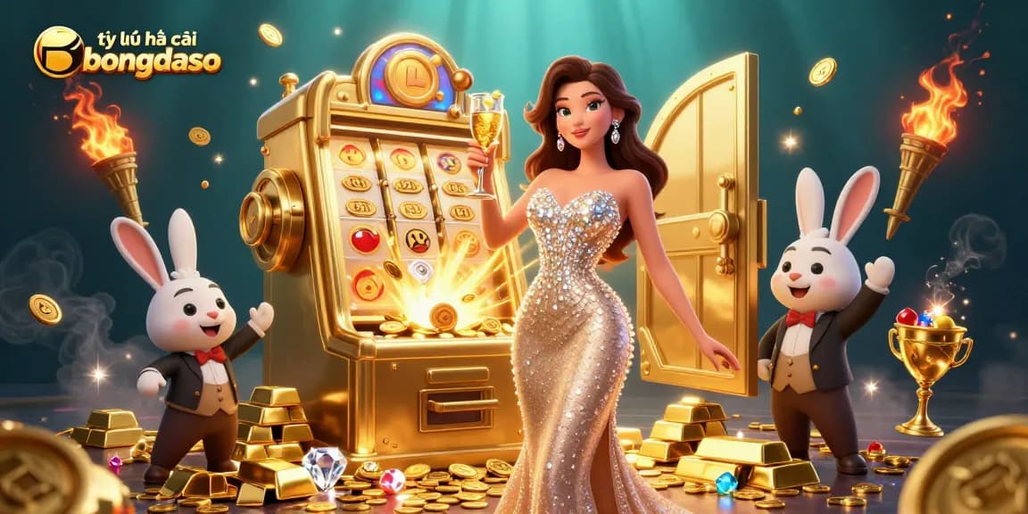 Engage with tỷ lệ nhà cái bongdaso as a glamorous woman raises a toast beside a jackpot slot machine.