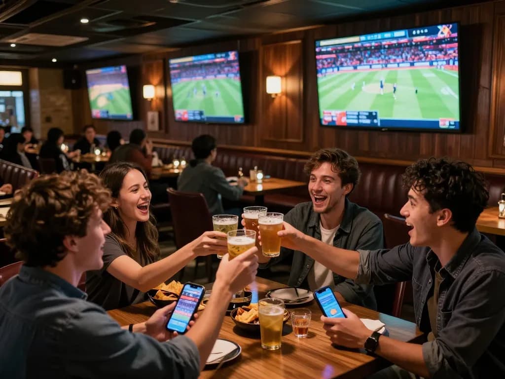 Join the action at https://lode884.co.com/ with friends cheering and using mobile betting apps during live sports.