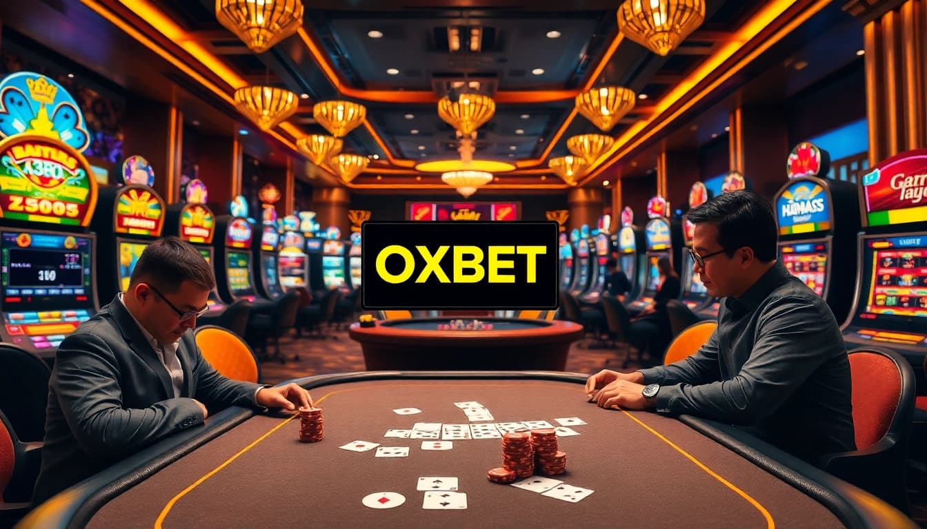 Exciting gambling scene showcasing Nhà cái OXBET with vibrant table games and elegant slot machines.