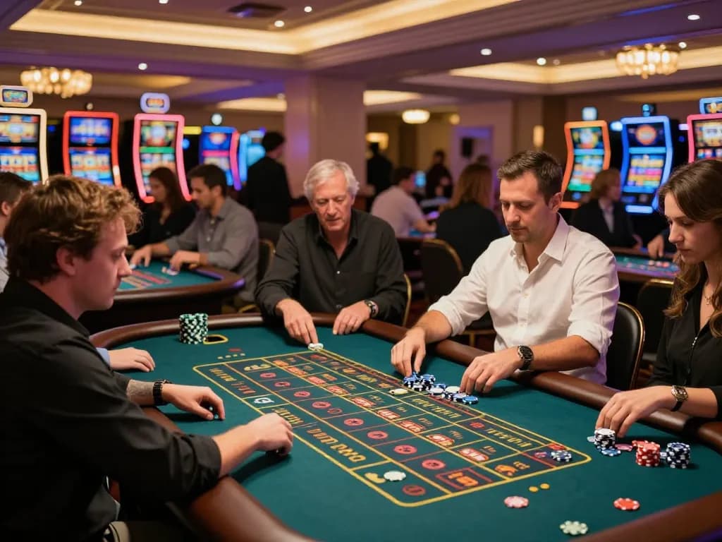 KJC players enjoying the excitement at a vibrant roulette table in a luxurious casino setting.