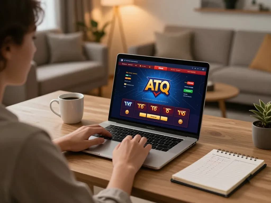 Engaged player exploring tập đoàn ATQ online casino via laptop, showcasing strategy notebook and cozy atmosphere.