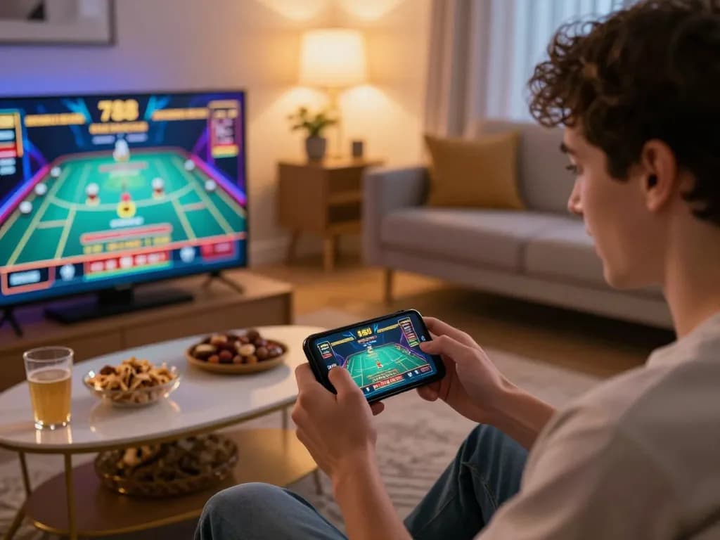 Engaged player enjoying v788 live dealer game on smartphone in cozy home setup.